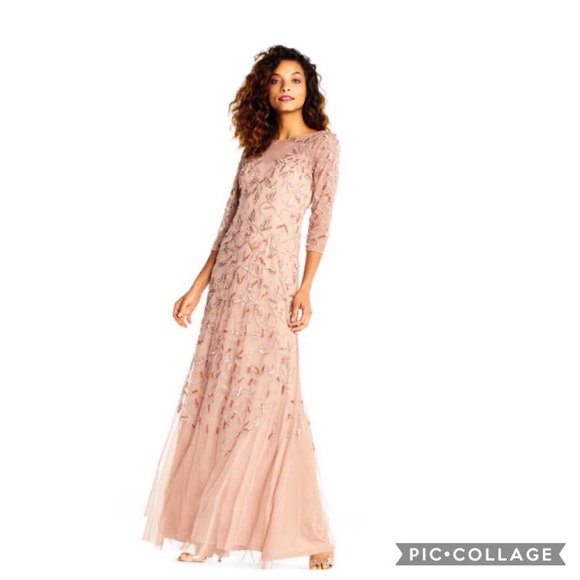 Adrianna Papell beaded Long sleeve rose gold godet dress - Picture 5 of 15